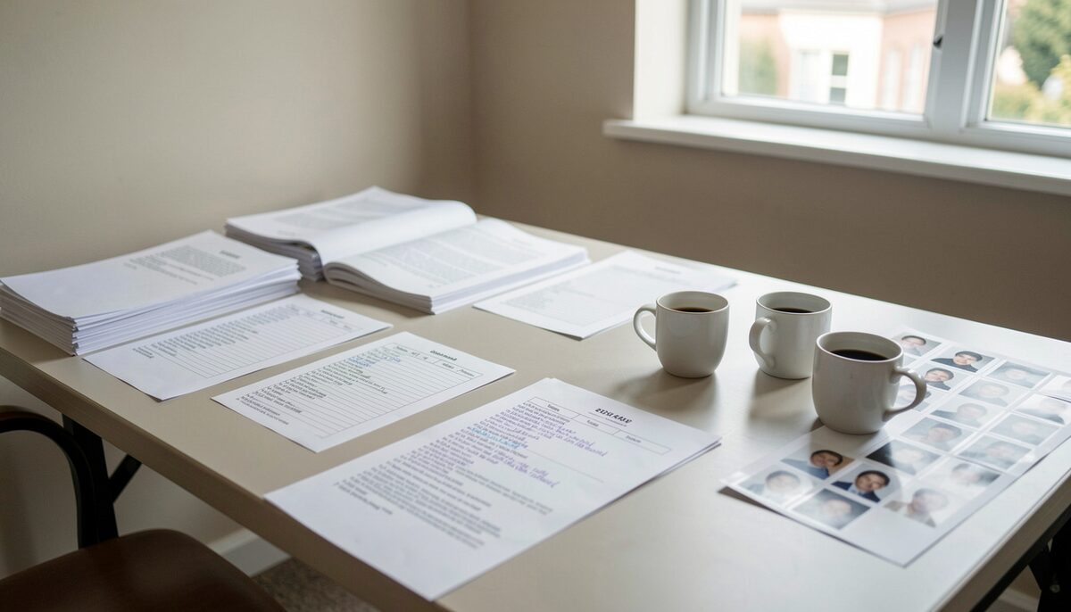 A rehearsal-room table in daylight, two annotated scripts open side by side next to a highlighter, a cast list and a half-empty coffee cup.